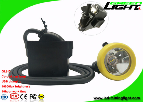Corded LED Mining Cap Lights 10000 Lux USB Charging Back Up Lamp 18 Hours Work Time