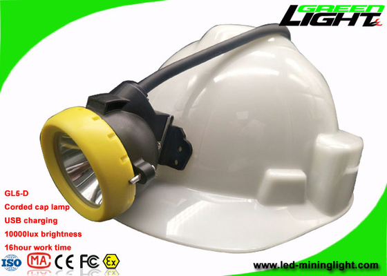 Corded LED Mining Cap Lights 10000 Lux USB Charging Back Up Lamp 18 Hours Work Time