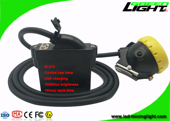 Corded LED Mining Cap Lights 10000 Lux USB Charging Back Up Lamp 18 Hours Work Time